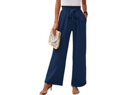 2026 pantalones de Descanso de Pierna Ancha para Mujer Con Bolsillos Ligeros de Cintura Alta Ajustable Nudos Sueltos M Azul Marino