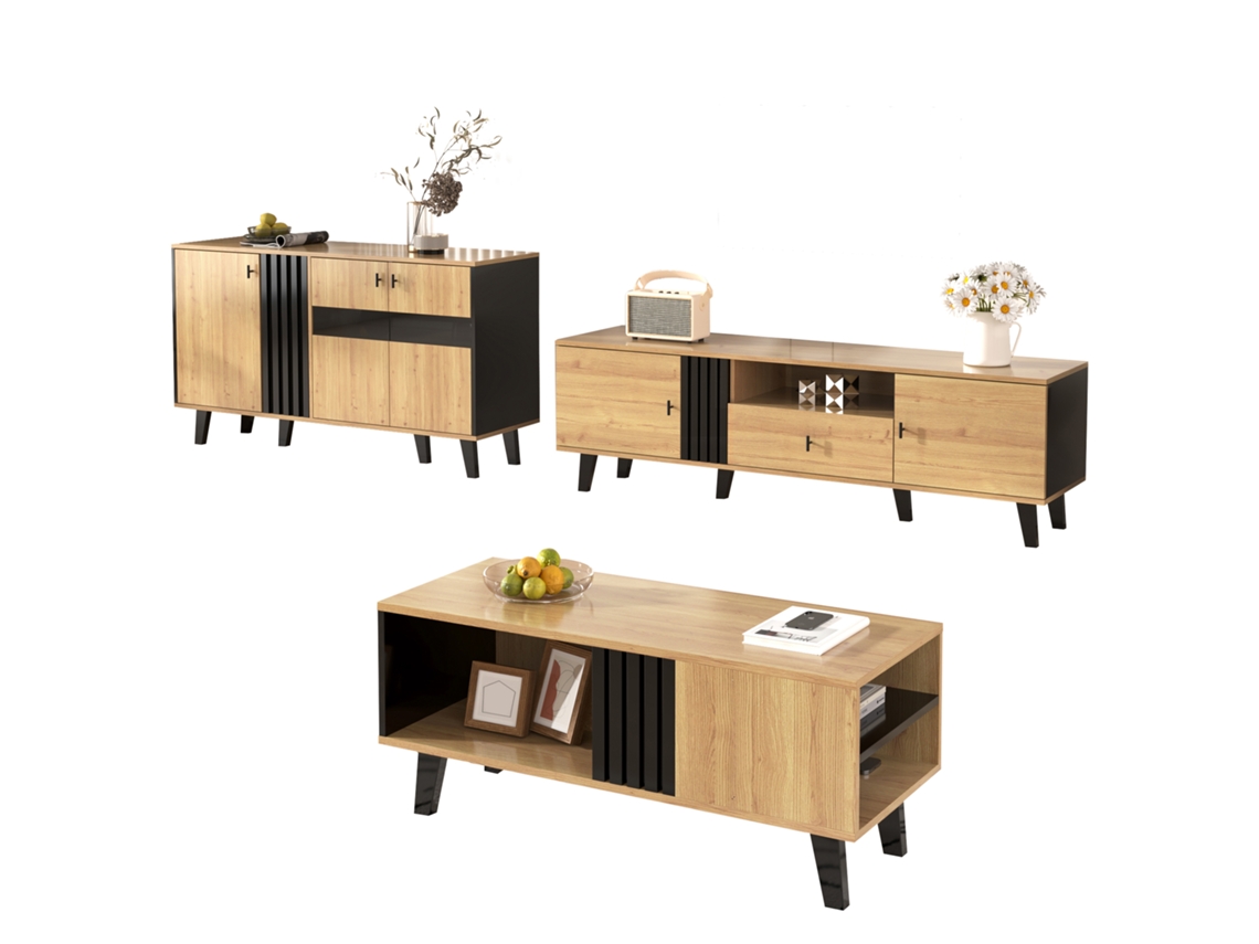 Conjunto De 3 Peças Para Sala: Mesa De Centro, Rack Para Tv E Aparador. Design Moderno Em Madeira E Preto, Elegante E Com Muito Espaço.