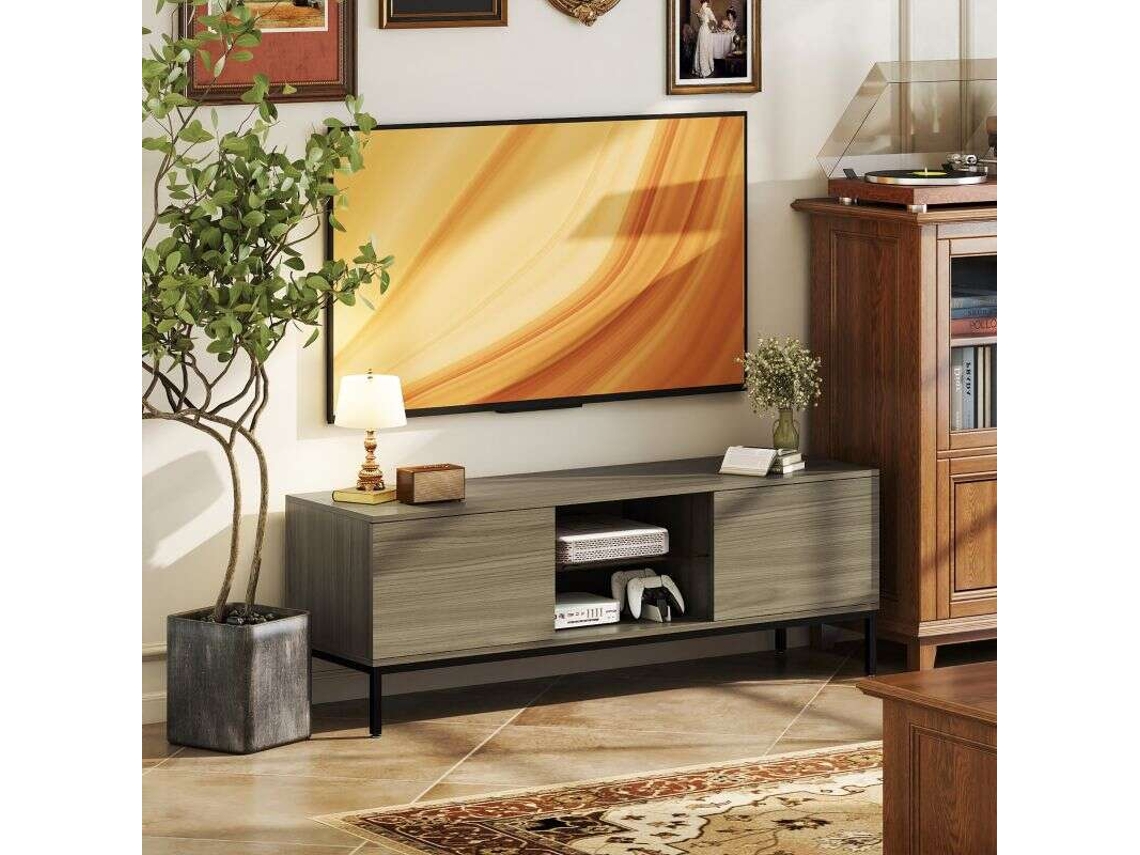 Móvel De Tv Para Televisores Até 60 Polegadas, Com 2 Portas E Prateleira De Vidro Regulável, 140x40x49,5 Cm, Cinza