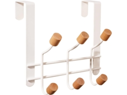 Gancho de Porta Branco em Metal Resistente com 6 Ganchos Madeira BRILVIBERA
