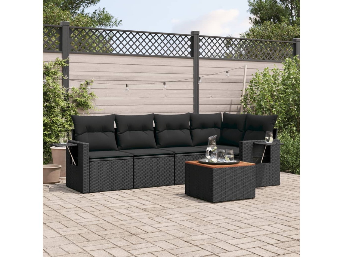 Vidaxl 6 Pcs Conjunto Sofás De Jardim C/ Almofadões Vime Pe Preto