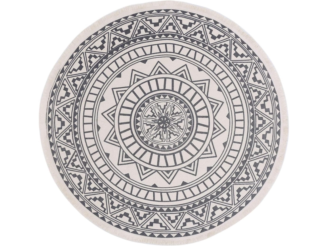 Tapete Redondo Algodão Com Franjas Lavável, 120 Cm, Base Estável