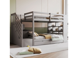 Beliche 90x200cm: Escada Segura Com Gavetas, Armários Grandes, Grade Alta, Estrado De Pinho, Cama Infantil/juvenil, Cinza.