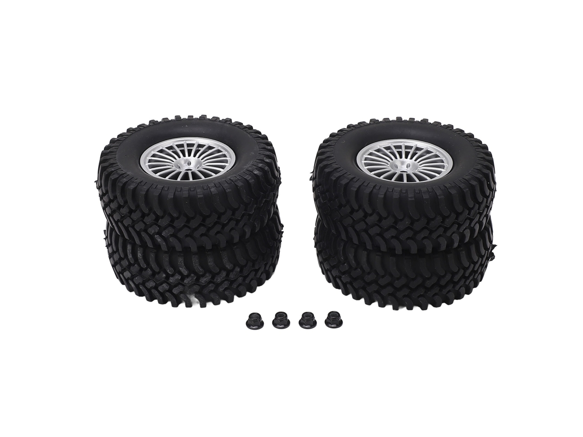 Mali 4 Pneus de Borracha para Carro Rc Off Road 1/10 com Rodas de Plástico Prata 20 Buracos Aro 12mm