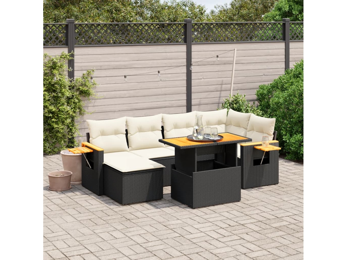 Vidaxl 7 Pcs Conjunto De Sofás P/ Jardim C/ Almofadões Vime Pe Preto