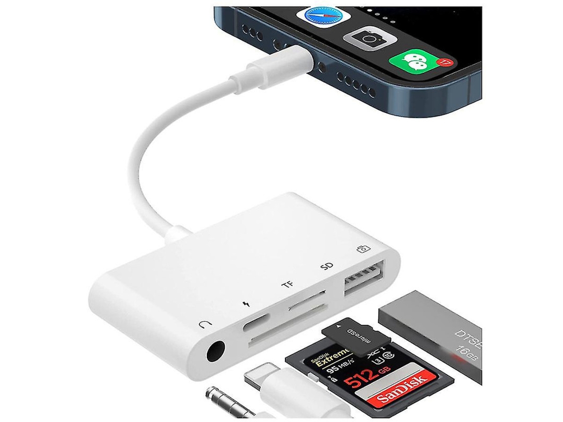 Adaptador Leitor Sd Iphone 5 Em 1 Otg Usb, Dados Usb, Fone 3.5mm, Leitor Sd/tf, Para Iphone 12/11 Etc Branco Yizhood
