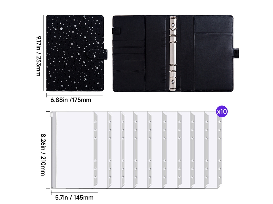 A5 Starry Loose Leaf Detachable Notebook Black Set With 10-zipper Pouches For Students Office Journaling