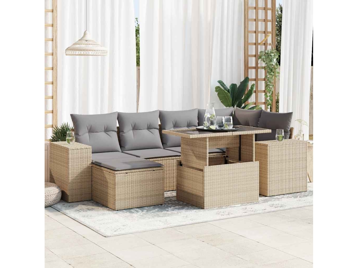 Vidaxl 7 Pcs Conjunto De Sofás P/ Jardim Com Almofadões Vime Pe Bege