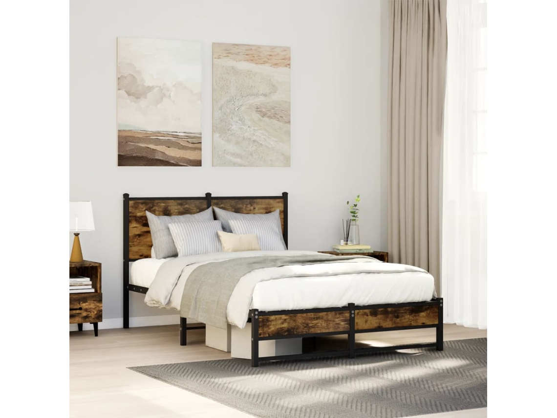 Vidaxl Estrutura De Cama Sem Colchão 120x190 Cm Metal Carvalho Fumado