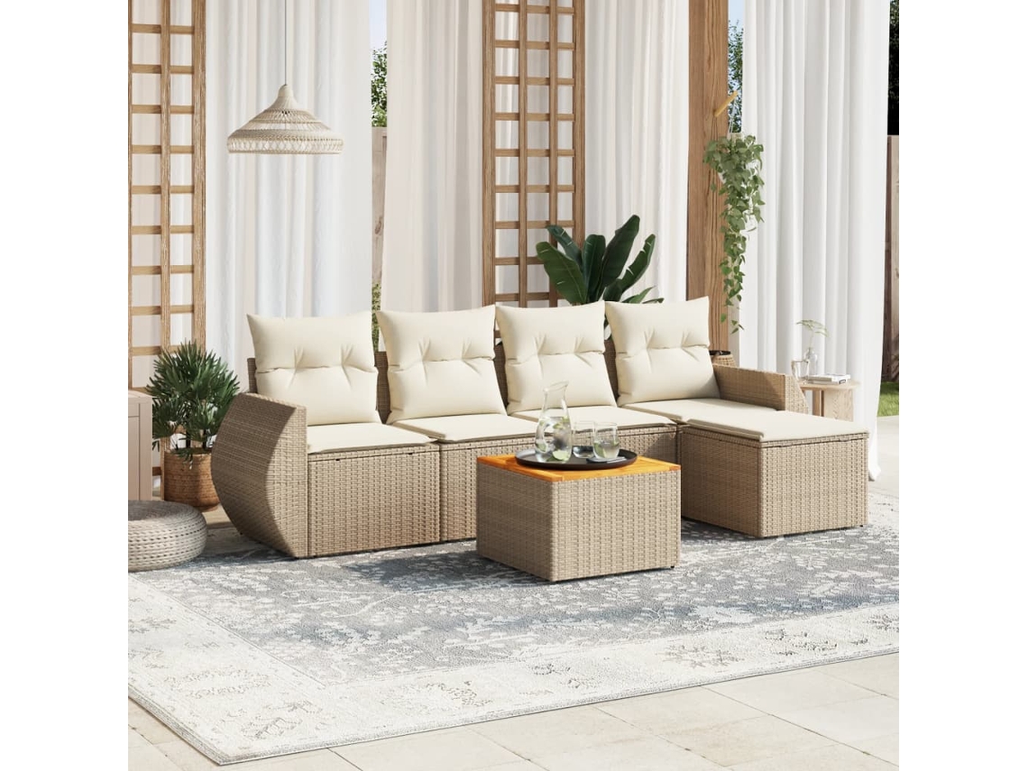 Vidaxl 6 Pcs Conjunto De Sofás P/ Jardim Com Almofadões Vime Pe Bege