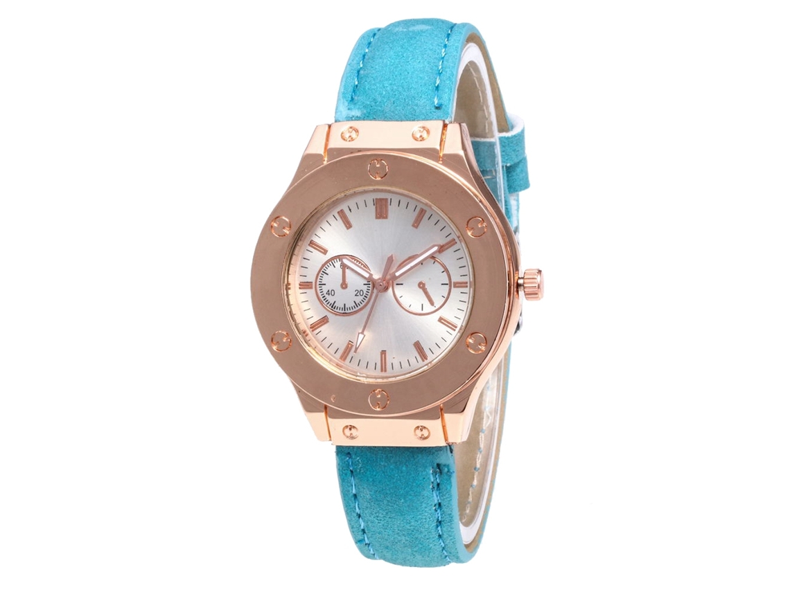 Relógio de Pulso Feminino de Quartzo com Pulseira de Couro Pu Casual Moderno Azul Claro