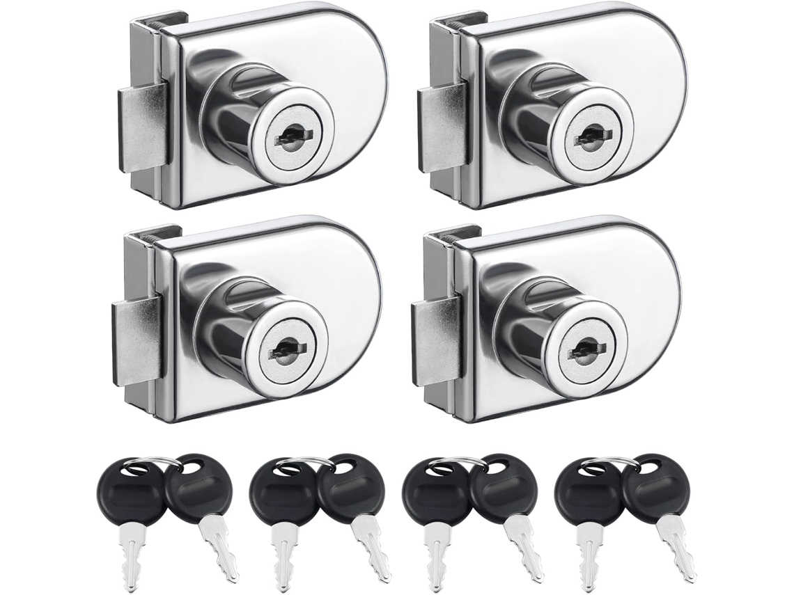 Kit Com 4 Fechaduras Para Armário De Vidro Sem Furos, Simples Portas Chaves Iguais, Segurança Abertura Dupla Vitrines 5 A 8 Mm Espessura.