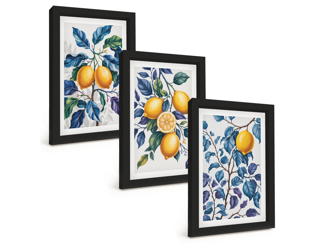 Pinturas Murais Modernaslimões, Galhos, Folhas Azuis Moldura Preta Fotos Para O Corredor Espelharte (3 Peças 20x30 Cm)