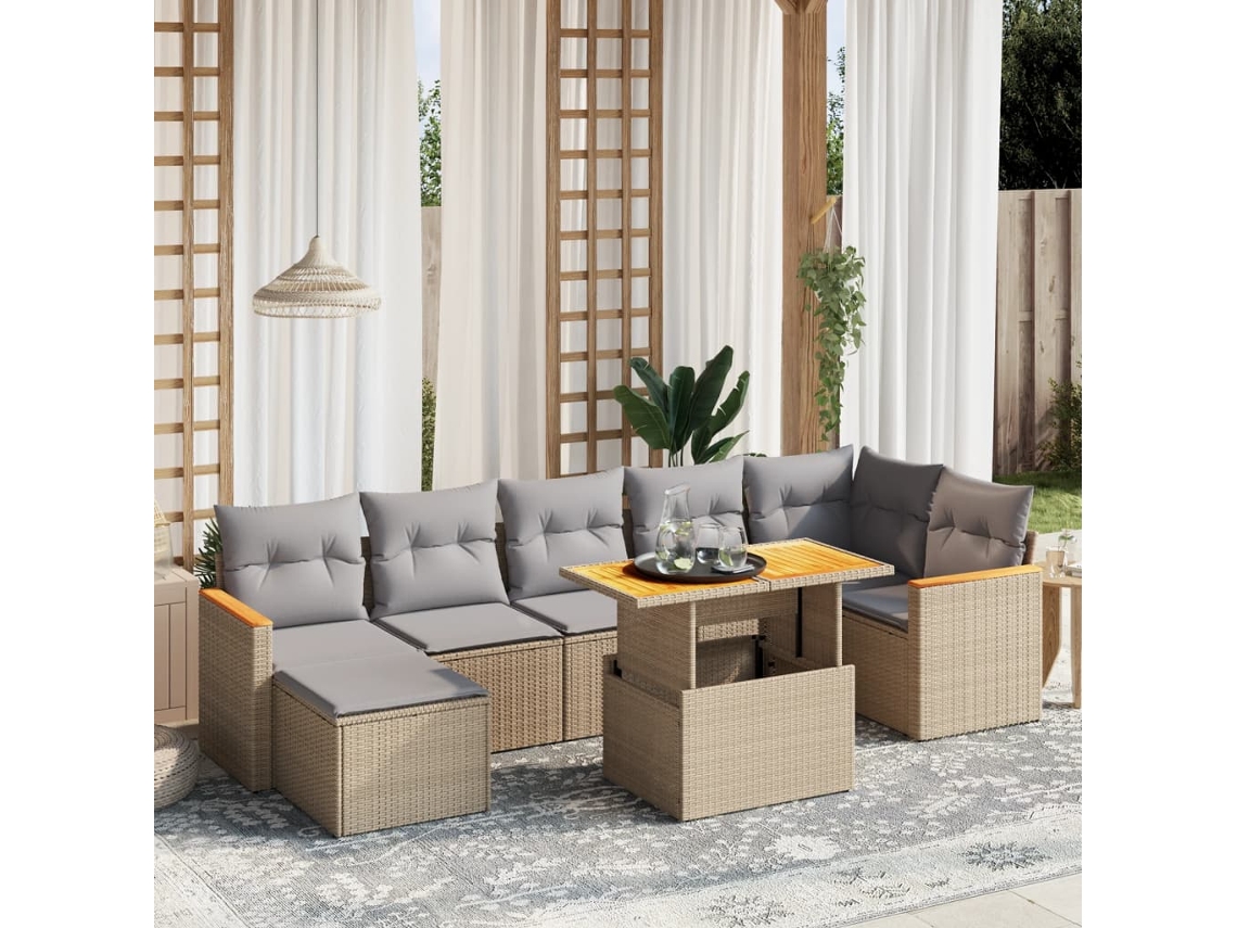 Vidaxl 8 Pcs Conjunto De Sofás P/ Jardim Com Almofadões Vime Pe Bege
