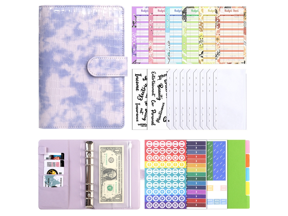 A6 Crocodile Texture Pu Leather Binder Budget Planner With Zipper Pocket Purple, Includes Cash Budget Cards 12, Bill