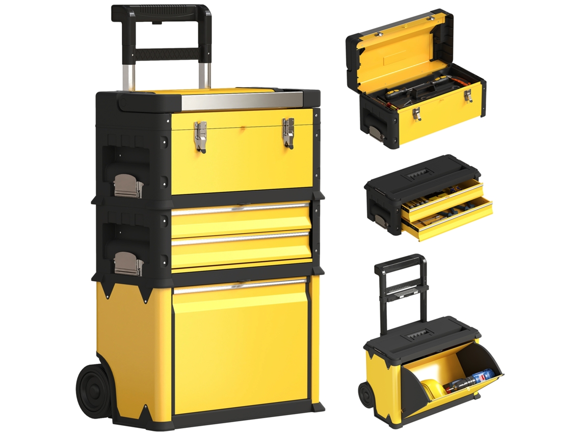 Conjunto de 3 Caixas de Ferramentas de Aço Empilháveis e Modulares com Rodízios, Bandeja, Alças e Fechadura em Amarelo | S/MARCA