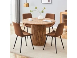 Mesa De Jantar Redonda Mdf 100cm Nogueira + 4 Cadeiras Couro Preto Pu. Conjunto Clean, Residência E Hóspedes, Design Moderno. Cs
