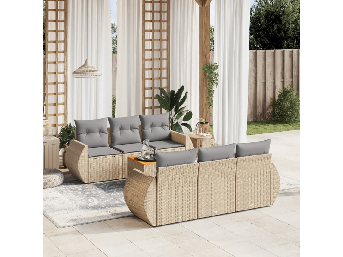 Vidaxl 7 Pcs Conjunto De Sofás P/ Jardim Com Almofadões Vime Pe Bege
