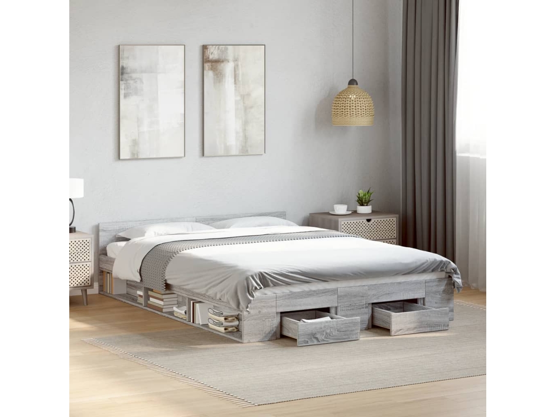 Vidaxl Estrutura De Cama C/ Gavetas Derivados Madeira Cinza Sonoma