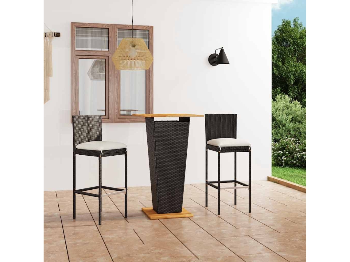 Vidaxl 3 Pcs Conjunto Bar De Jardim Com Almofadões Vime Pe Preto