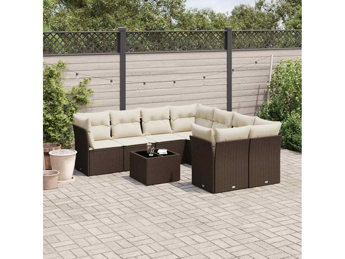 Vidaxl 9 Pcs Conjunto Sofás P/ Jardim C/ Almofadões Vime Pe Castanho