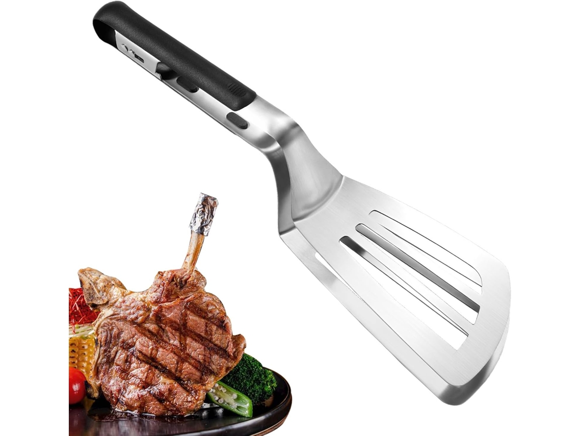 Pinça Espátula – 32, 99x 9, 6x 5, 9cm, Pinça Espátula Com Cabo Alongado, Pinça Para Churrasco Em Aço Inoxidável Anti