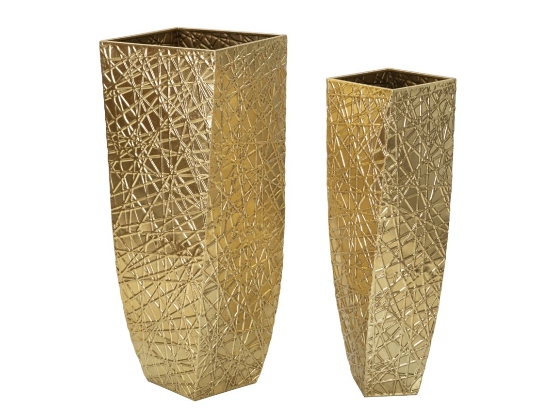 Par De Vasos Quadrados Em Metal Dourado - Design Com Textura Linear Em Relevo Estilo Glamoroso Cm 34x34x90