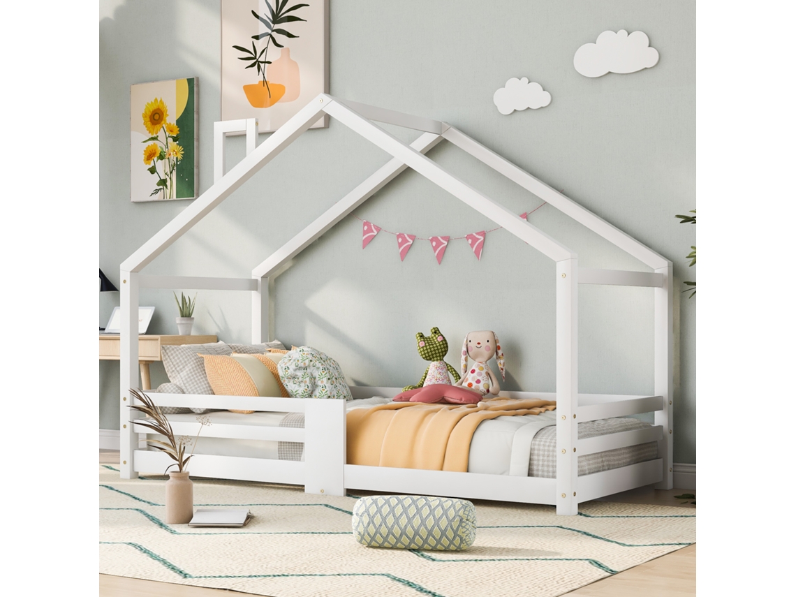 Cama Casa Infantil Branca 90x200cm, Chaminé, Proteção Queda, Ripas. -op