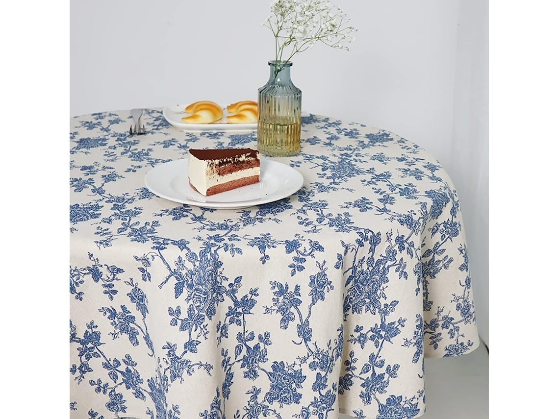 Mantel Azul Con Estampado Floral - Redondo De 140 Cm