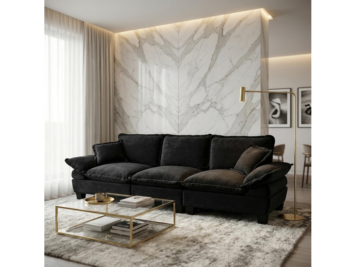 Sofá modular de 3 lugares em chenille com braços curvos, preto.