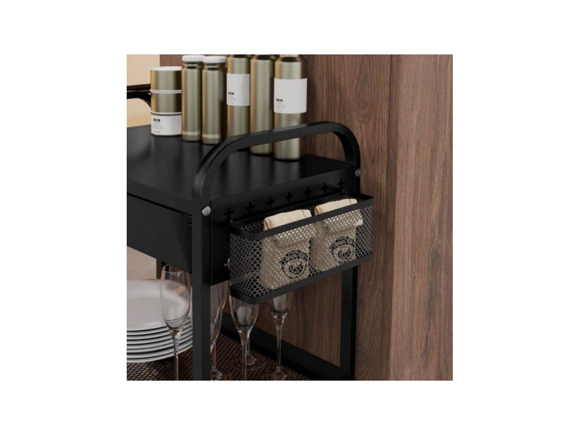 Carrinho De Serviço Com Gaveta E Prateleira, Carrinho De Cozinha Com Ganchos, Aço Preto Para Sala E Cozinha Liptaptyn