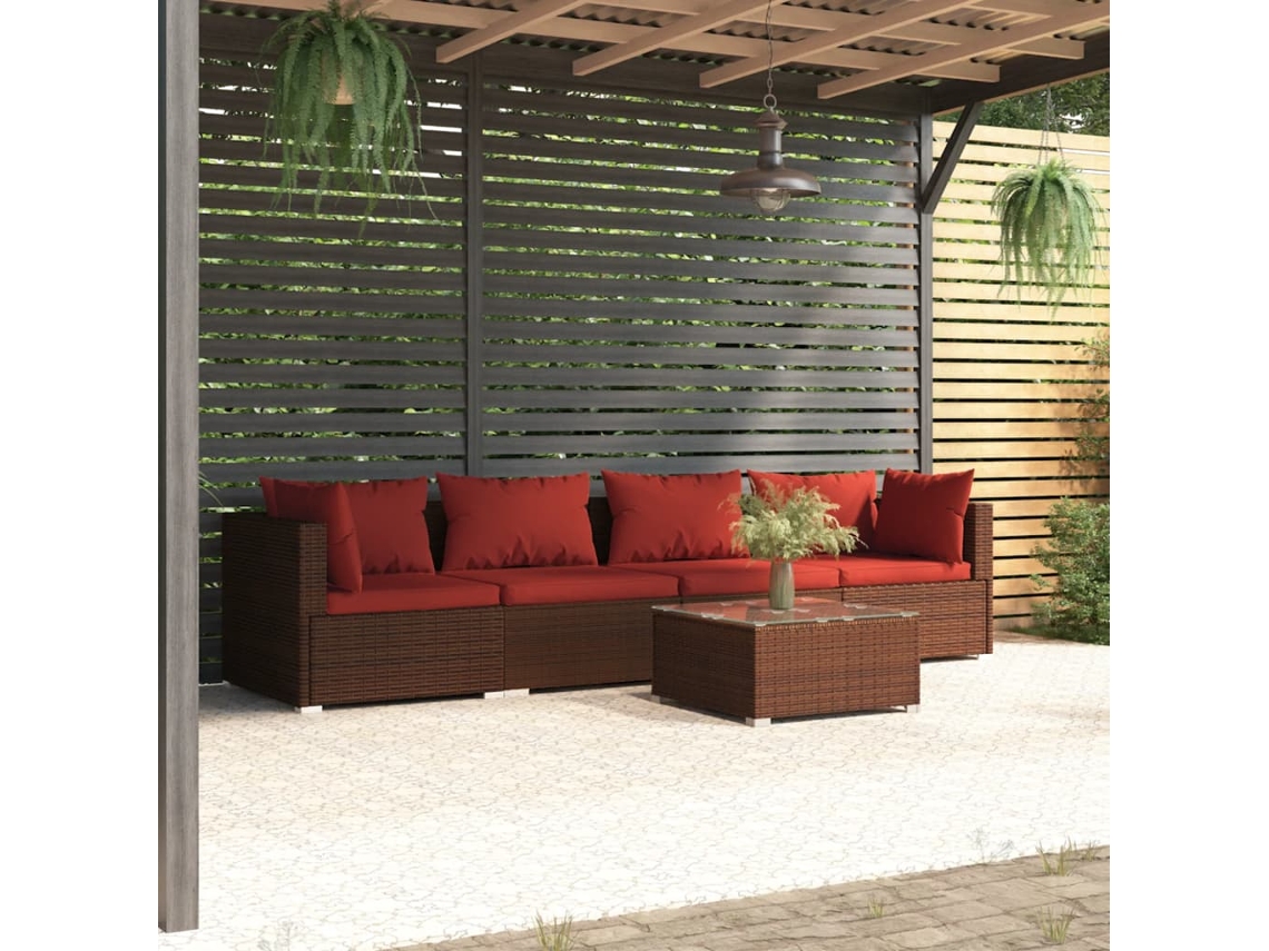 Vidaxl 5 Pcs Conjunto Lounge Jardim C/ Almofadões Vime Pe Castanho