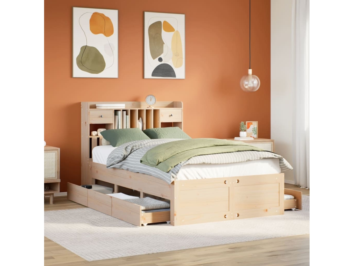Vidaxl Cama Com Estante Sem Colchão 135x190 Cm Pinho Maciço