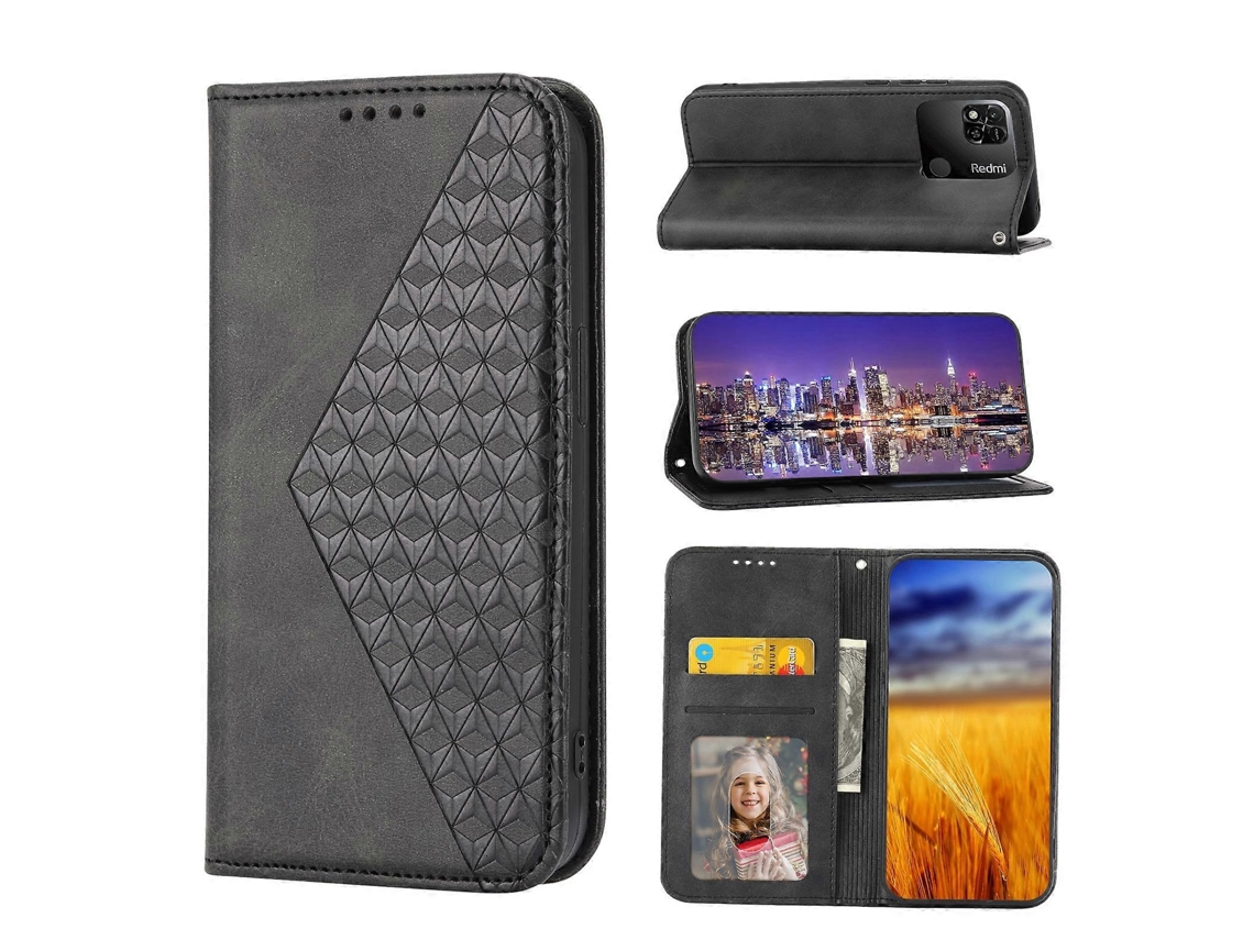 Capa De Celular Em Couro Sintético Com Textura De Grade Cúbica E Revestimento Magnético Para Xiaomi Redmi 12c/11a