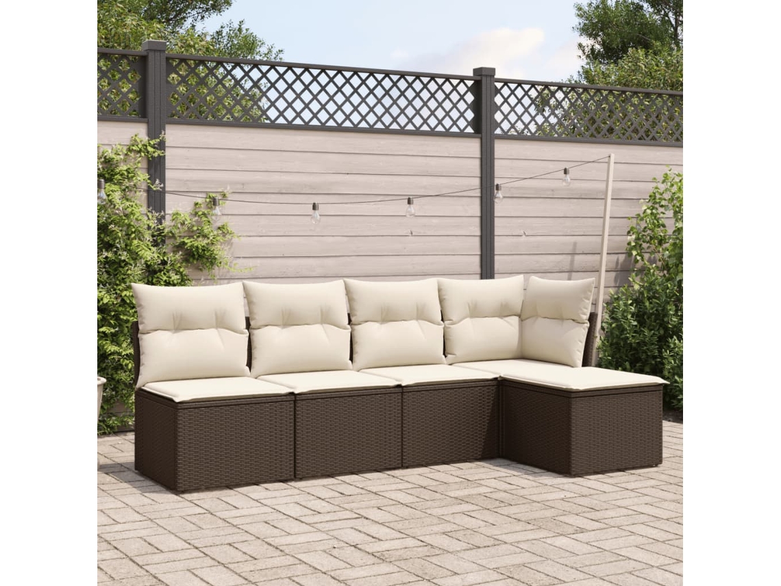 Vidaxl 5 Pcs Conjunto Sofás P/ Jardim C/ Almofadões Vime Pe Castanho