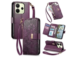 Capa Carteira De Couro Com Zíper, Estampa De Flores E Folhas, Com Alça, Para Redmi Note 12 Turbo.