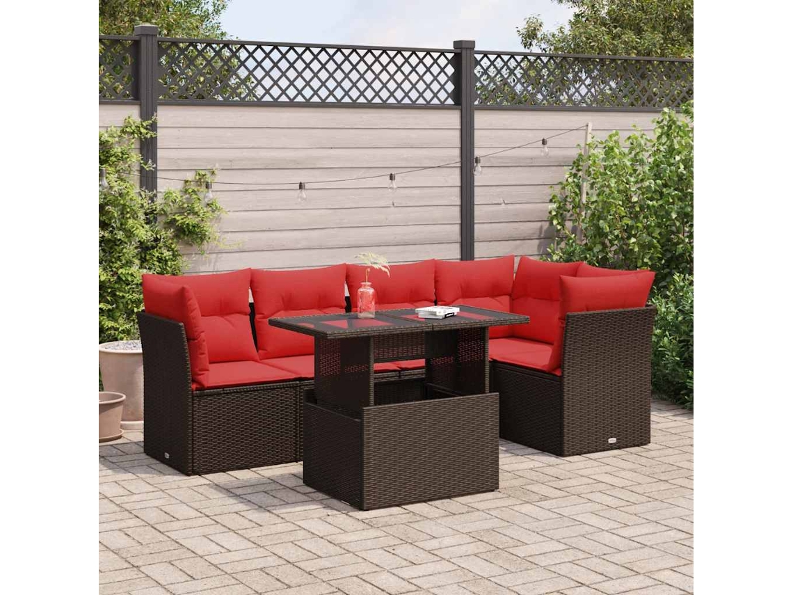 Vidaxl 6 Pcs Conj. Sofás Jardim C/ Almofadões Vime Pe/acácia Castanho