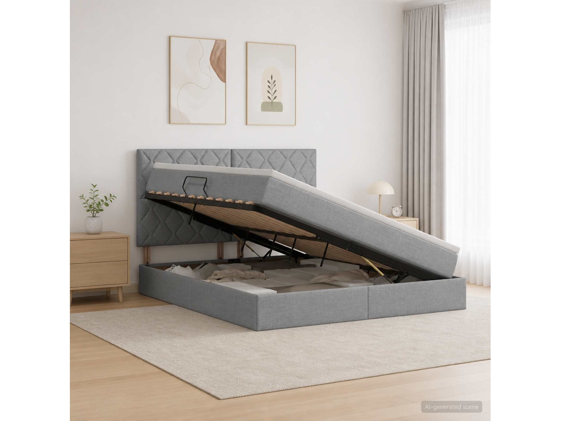 Vidaxl Cama Com Arrumação E Colchão Cinzento-claro 140 X 200 Cm Tecido
