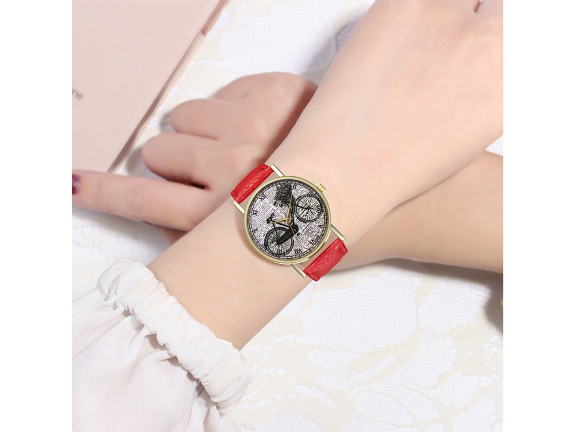 Reloj Casual De Moda Para Hombre Y Mujer Bicicleta Cuarzo Correa De Cuero Rojo