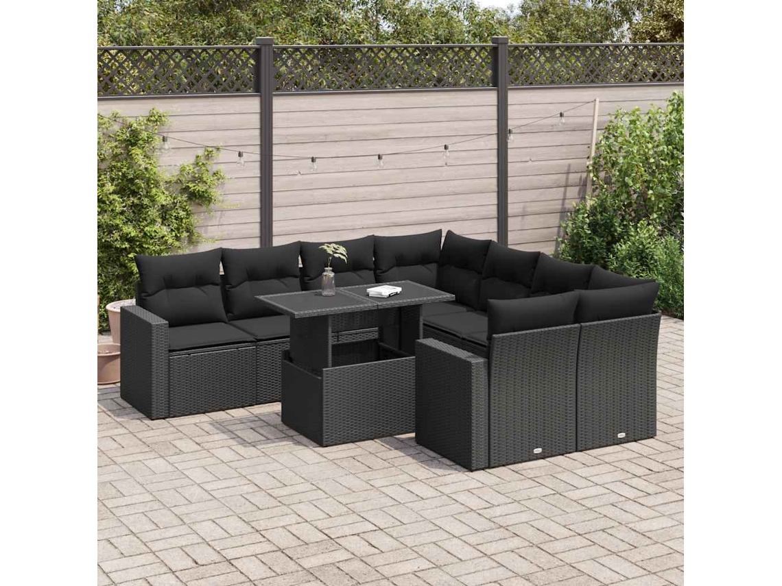 Vidaxl 9 Pcs Conjunto De Sofás P/ Jardim C/ Almofadões Vime Pe Preto