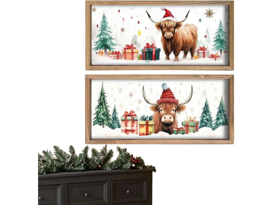 Decoração Parede Conjunto 2 Peças Rústica Madeira Estampa Natalina Ideal Cozinha Quarto Estar Infantil GOKOCO