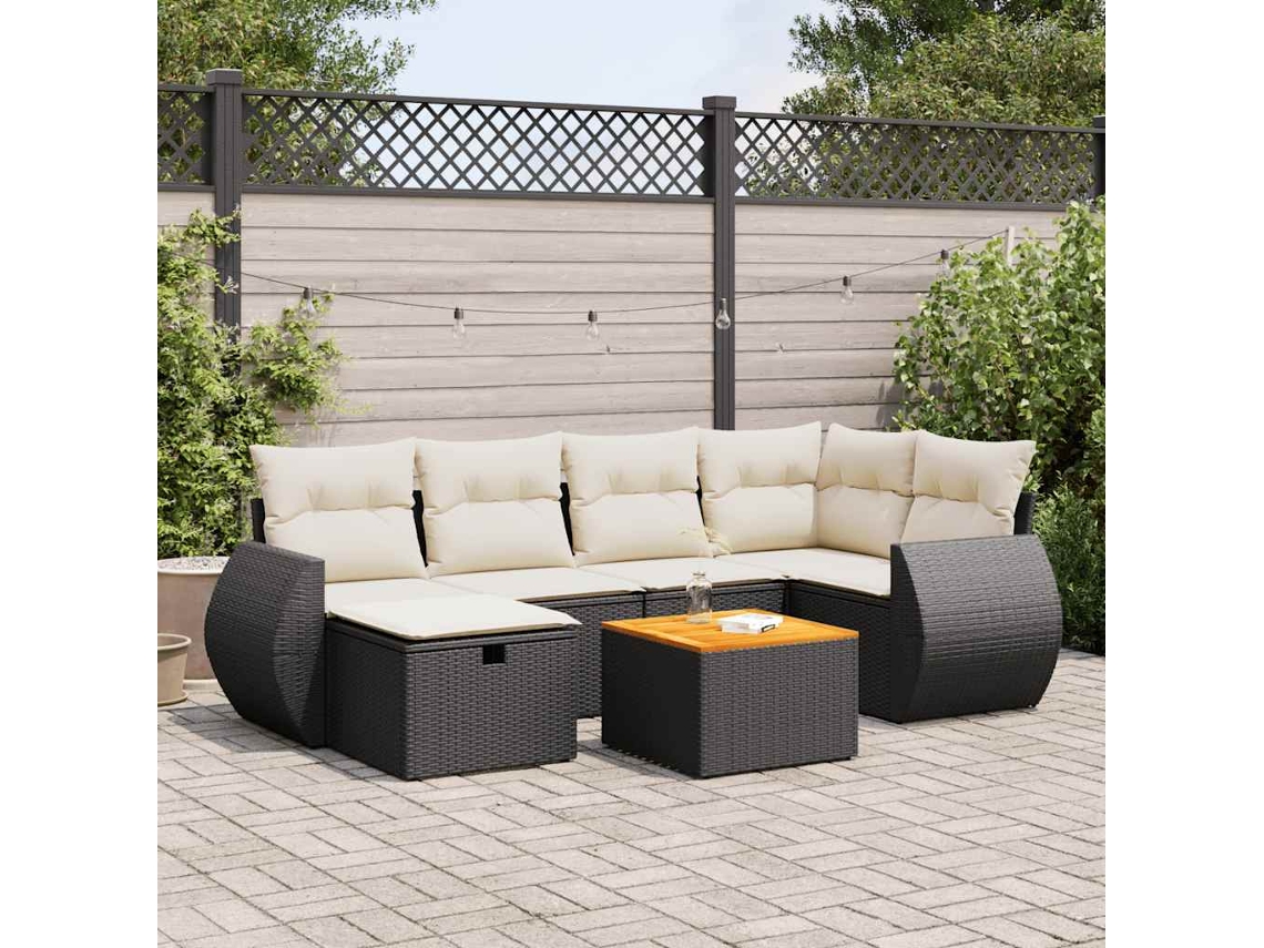 Vidaxl 7 Pcs Conjunto De Sofás P/ Jardim C/ Almofadões Vime Pe Preto
