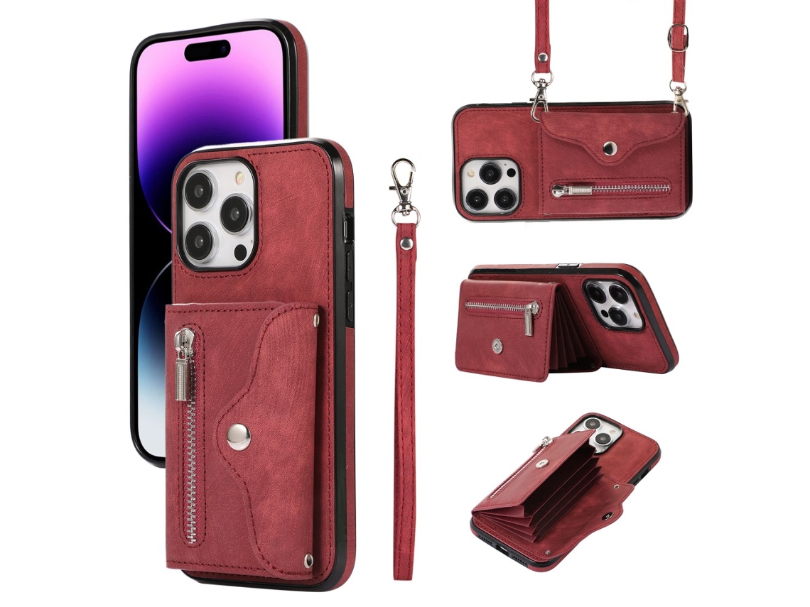 Suporte Casa Bloqueio Rfid Para Iphone 14 Pro Max Pele Sintética Vermelho