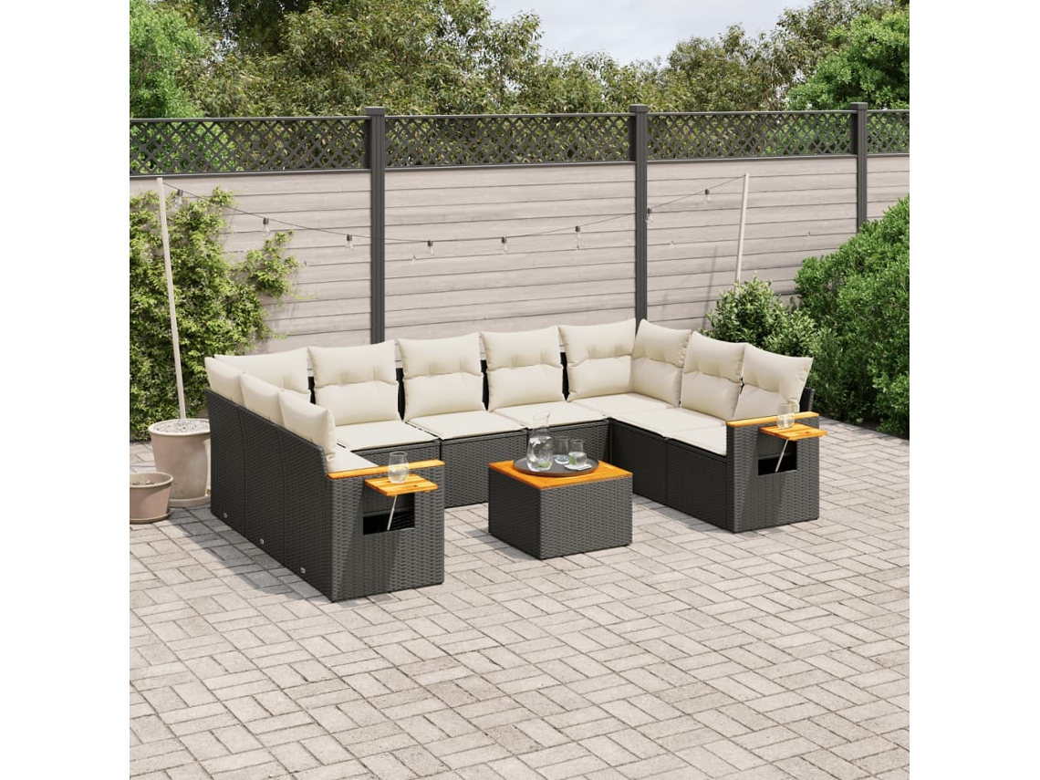 Vidaxl 10 Pcs Conjunto Sofás De Jardim C/ Almofadões Vime Pe Preto