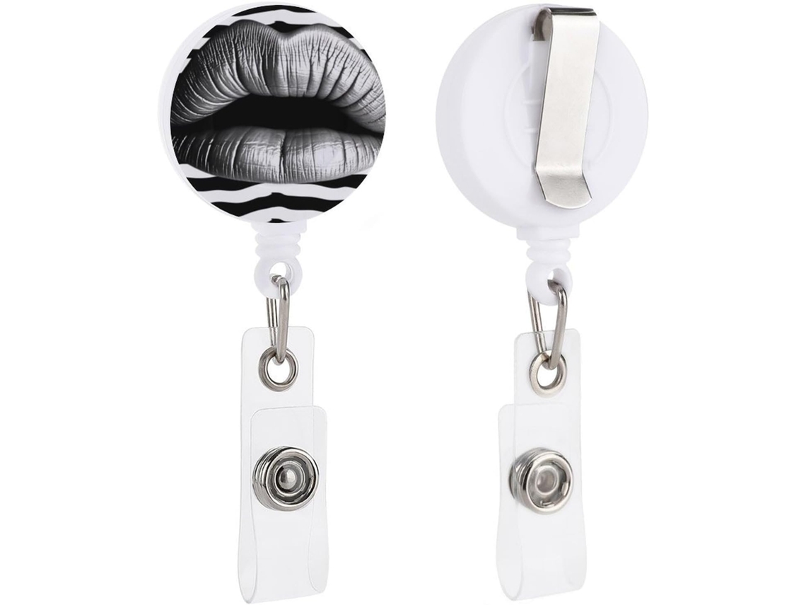 Porta Crachás Retrátil Com Mosquetão E Argola Chaveiro, Listrado Em Preto E Branco, Porta Identificação Com Nome