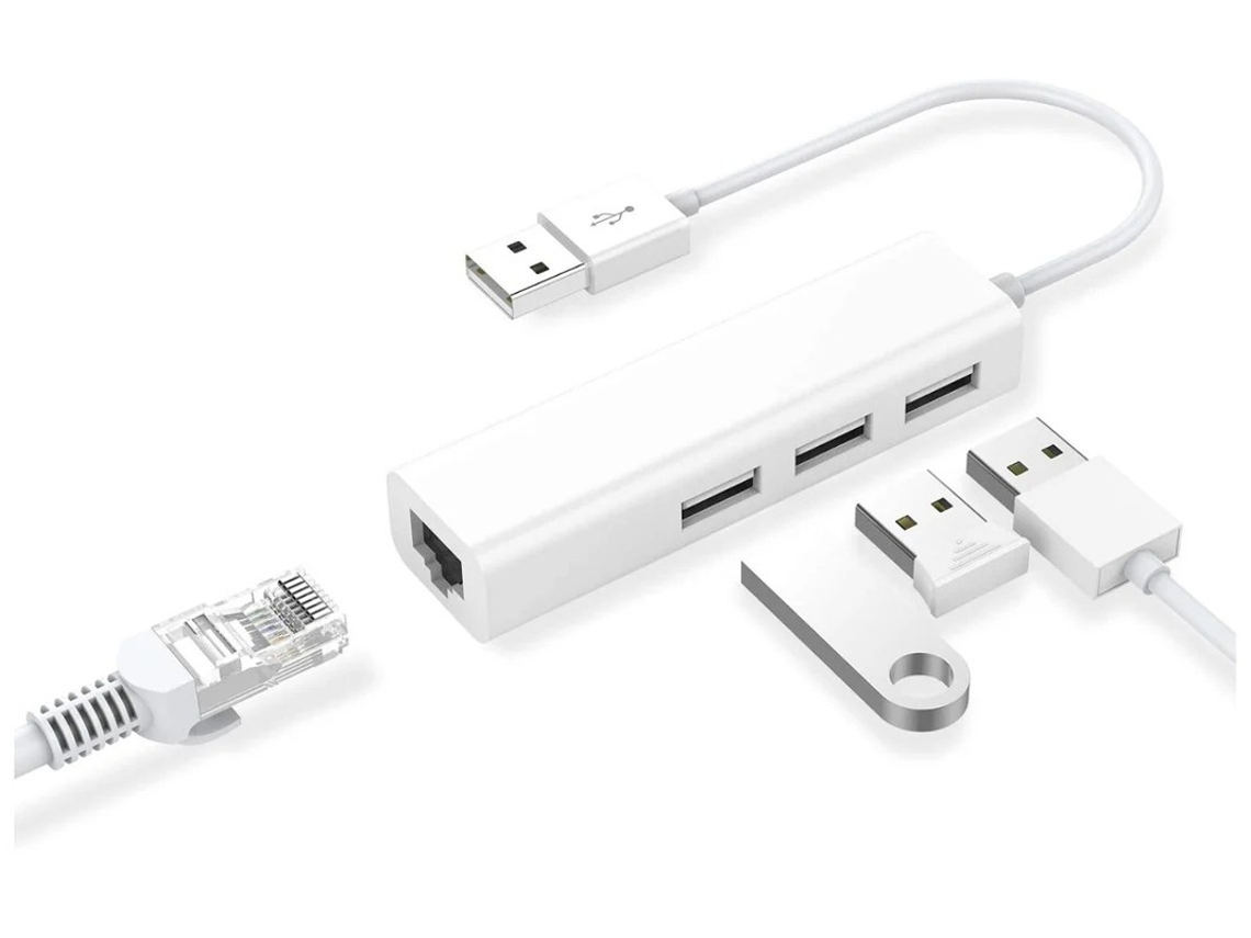 Hub Com 3 Portas USB 2.0 Adaptador RJ45 Lan Ethernet Yizhood Branco