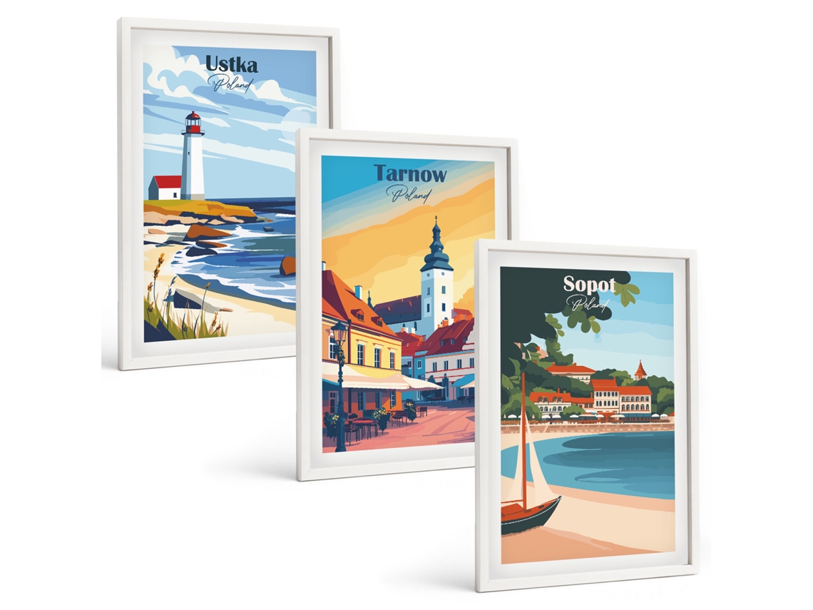 Composição De Quadros Na Parede Vistas Da Cidade De Ustka, Tarnów E Sopot Moldura Branca Fotos Para O Escritório Espelharte (3 Piezas De 40x60 Cm)
