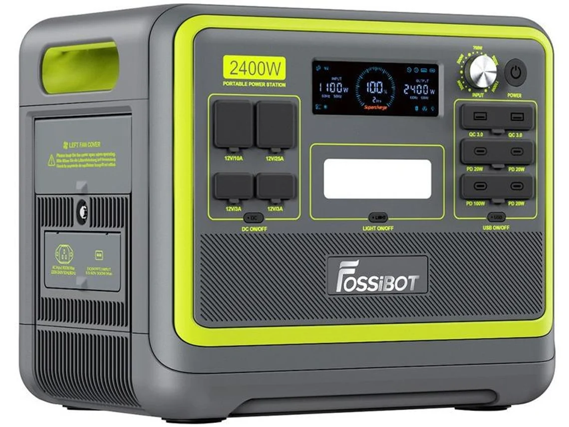 Estação de Energia Portátil FOSSIBOT F2400 2048Wh Lifepo4 Bateria 2400W Saída Gerador Solar 16 Portas de Saída Verde
