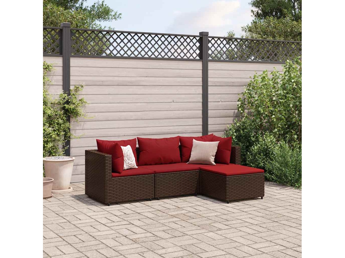 Vidaxl 4 Pcs Conjunto Lounge Jardim C/ Almofadões Vime Pe Castanho