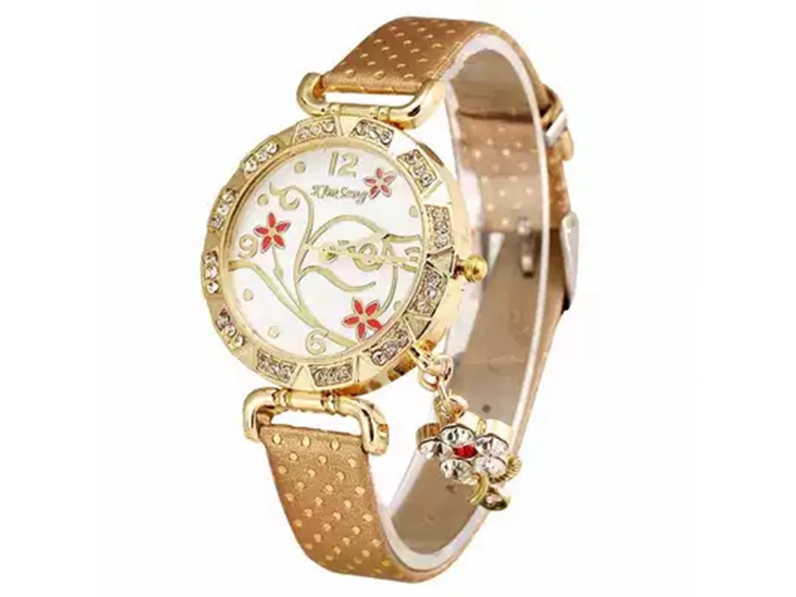 Relógio de Pulso Feminino com Padrão Floral e Pedras de Circonio em Couro Pu Marrom
